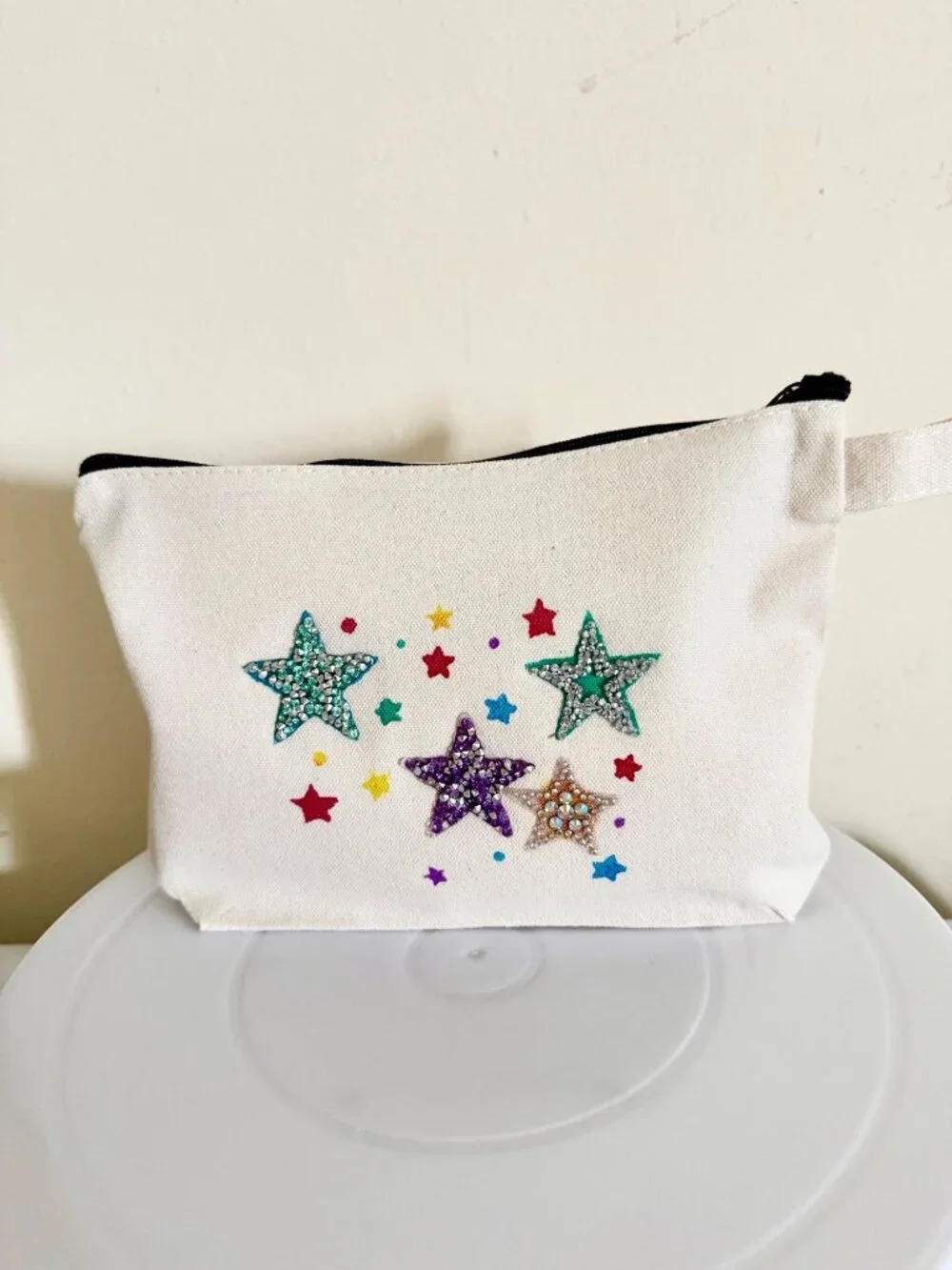 Hand Decorated Star Canvas Pouch 9in Rhinestone Theater Rehearsal Glam Bag